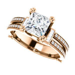 CZ Wedding Set, featuring The Kaitlyn engagement ring (Customizable Princess Cut with Flanking Baguettes And Round Channel Accents)