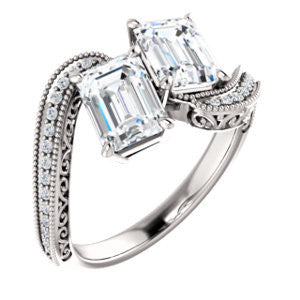 Cubic Zirconia Engagement Ring- The Aylen (Customizable Enhanced 2-stone Emerald Cut Artisan Design with 3-sided Filigree and Pavé Band)
