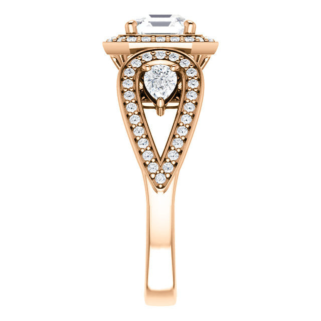 Cubic Zirconia Engagement Ring- The Luz Marie (Customizable Halo-style Asscher Cut with Split-Pavé Band & Pear Accents)