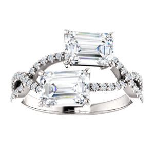 Cubic Zirconia Engagement Ring- The Harleigh (Customizable 2-stone Emerald Cut Artisan Style With Twisting Split-Pavé Band)