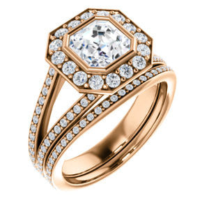CZ Wedding Set, featuring The Maricela engagement ring (Customizable Bezel-Halo Asscher Cut Ring with Wide Tapered Pavé Split Band & Decorative Trellis)