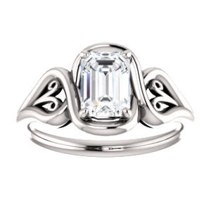 Cubic Zirconia Engagement Ring- The Bentley (Customizable Emerald Cut Solitaire with Wide Tapered Band and Side Engraving Motif)