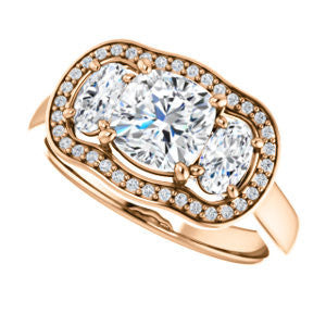 Cubic Zirconia Engagement Ring- The Nettie (Customizable Enhanced 3-stone Halo-Surrounded Design with Cushion Cut Center, Dual Oval Cut Accents, and Decorative Pavé-Accented Trellis)