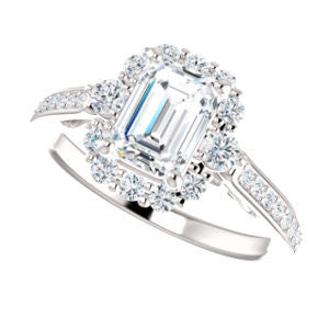 Cubic Zirconia Engagement Ring- The Oceane (Customizable Emerald Cut Design with Raised Decorative-Peekaboo Trellis, Halo and Thin Pavé Band)