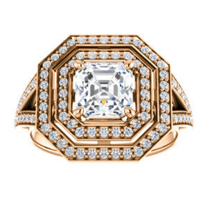 Cubic Zirconia Engagement Ring- The Miriam (Double Halo Ultra-Wide Split Pavé Band with Customizable Asscher Cut Center)