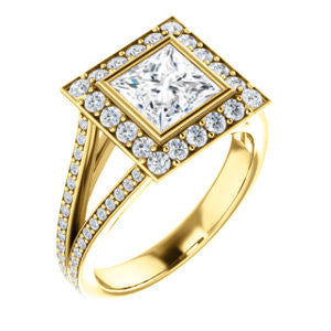 Cubic Zirconia Engagement Ring- The Maricela (Customizable Bezel-Halo Princess Cut Ring with Wide Tapered Pavé Split Band & Decorative Trellis)