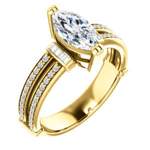 Cubic Zirconia Engagement Ring- The Kaitlyn (Customizable Marquise Cut with Flanking Baguettes And Round Channel Accents)