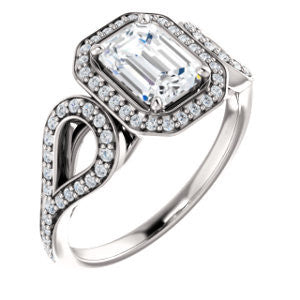Cubic Zirconia Engagement Ring- The Roya (Customizable Cathedral-Halo Radiant Cut Design with Wide Ribbon-inspired Split-Pavé Band)