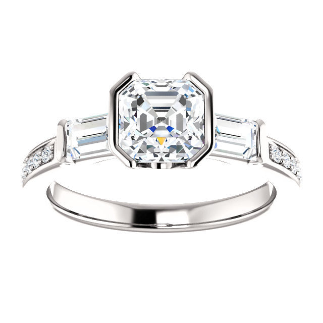 Cubic Zirconia Engagement Ring- The Naomi (Customizable Bezel-set Asscher Cut Design with Dual Baguettes & Pavé Band)