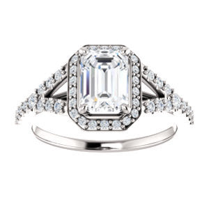Cubic Zirconia Engagement Ring- The Mayte (Customizable Halo-Style Emerald Cut Design with Split-Pavé Band)