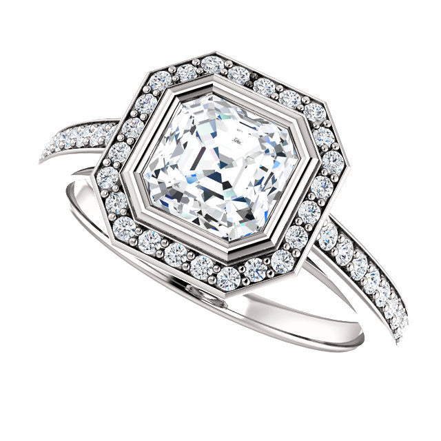 Cubic Zirconia Engagement Ring- The Samira (Customizable Halo-style Asscher Cut with Under-Halo Trellis and Thin Pavé Band)