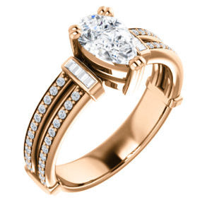 Cubic Zirconia Engagement Ring- The Kaitlyn (Customizable Pear Cut with Flanking Baguettes And Round Channel Accents)