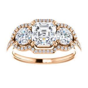 Cubic Zirconia Engagement Ring- The Lizabeth (Customizable Asscher Cut Enhanced 3-stone Style with Tri-Halos & Thin Pavé Band)