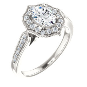Cubic Zirconia Engagement Ring- The Faida (Customizable Cathedral-set Oval Cut Design with Halo and Milgrained Pavé Band)