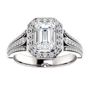Cubic Zirconia Engagement Ring- The Frannie (Customizable Emerald Cut Style with Halo and Tri-Split Pavé Band)