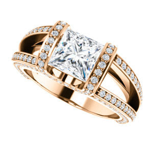 Cubic Zirconia Engagement Ring- The Scarlett (Princess Cut with Prong-Accented Bar Basket and Split Pavé Band)