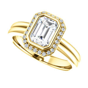 Cubic Zirconia Engagement Ring- The Sloan (Bezel Style Halo and Customizable Emerald Cut Center Stone)