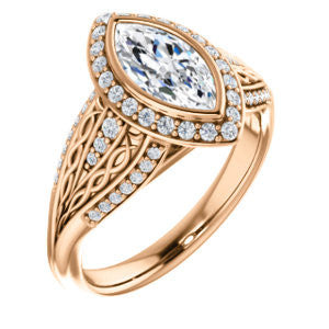 Cubic Zirconia Engagement Ring- The Tisha (Customizable Bezel-Halo Marquise Cut Design with Wide Filigree & Accent Band)