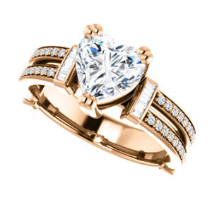Cubic Zirconia Engagement Ring- The Kaitlyn (Customizable Heart Cut with Flanking Baguettes And Round Channel Accents)