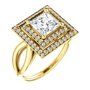 Cubic Zirconia Engagement Ring- The Magda Lesli (Customizable Double-Halo Style Princess Cut with Curving Split Band)