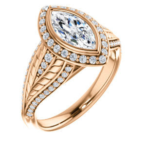 Cubic Zirconia Engagement Ring- The Mary Jane (Customizable Bezel-Halo Marquise Cut Design with Wide Filigree & Accent Band)