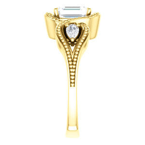 Cubic Zirconia Engagement Ring- The Nainika (Customizable 3-stone Emerald Cut Design with Pear Accents and Filigreed Split Band)