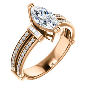 Cubic Zirconia Engagement Ring- The Kaitlyn (Customizable Marquise Cut with Flanking Baguettes And Round Channel Accents)