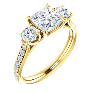 Cubic Zirconia Engagement Ring- The Janni (Customizable Enhanced 3-stone Princess Cut Design with Round Accents)