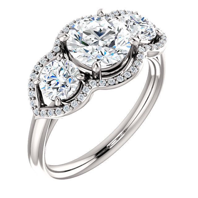 Cubic Zirconia Engagement Ring- The Camila (Customizable Round Cut Enhanced 3-stone Design with Halos)
