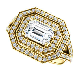 Cubic Zirconia Engagement Ring- The Miriam (Double Halo Ultra-Wide Split Pavé Band with Customizable Emerald Cut Center)
