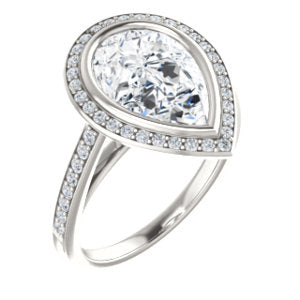 Cubic Zirconia Engagement Ring- The Samira (Customizable Halo-style Pear Cut with Under-Halo Trellis and Thin Pavé Band)