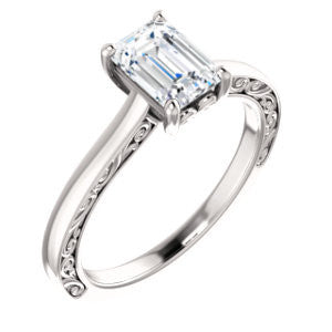 Cubic Zirconia Engagement Ring- The Salome (Customizable Emerald Cut Solitaire featuring Band Filigree)