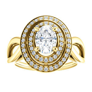 Cubic Zirconia Engagement Ring- The Magda Lesli (Customizable Double-Halo Style Oval Cut with Curving Split Band)