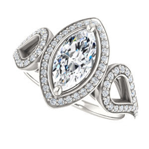 Cubic Zirconia Engagement Ring- The Roya (Customizable Cathedral-Halo Marquise Cut Design with Wide Ribbon-inspired Split-Pavé Band)