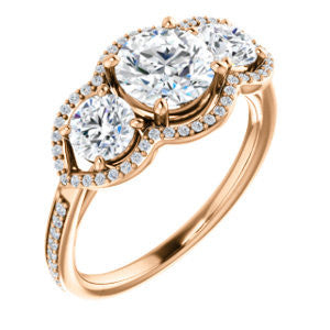 CZ Wedding Set, featuring The Lizabeth engagement ring (Customizable Round Cut Enhanced 3-stone Style with Tri-Halos & Thin Pavé Band)