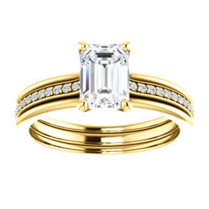 CZ Wedding Set, featuring The Rikki engagement ring (Customizable Emerald Cut Design with Double-Grooved Pavé Band)
