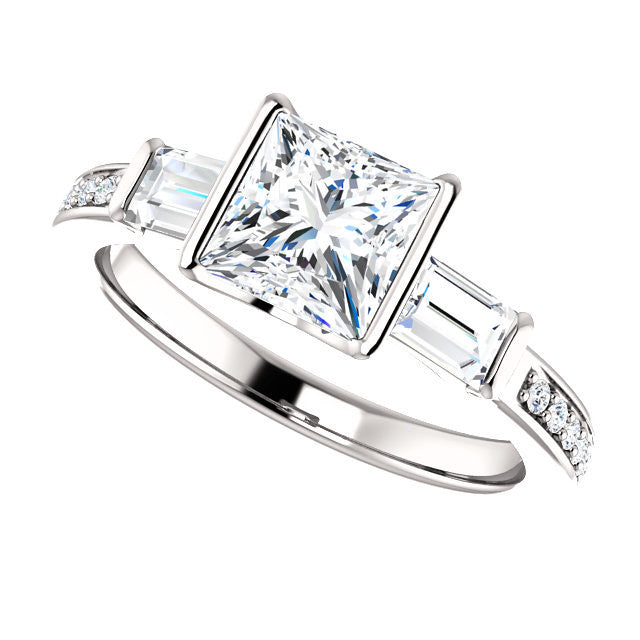 Cubic Zirconia Engagement Ring- The Naomi (Customizable Bezel-set Princess Cut Design with Dual Baguettes & Pavé Band)