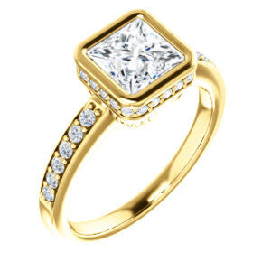 Cubic Zirconia Engagement Ring- The Monaco (Customizable Vintage Princess Cut Design with Crown-inspired Under-halo Trellis and Pavé Band)