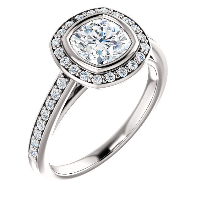 Cubic Zirconia Engagement Ring- The Samira (Customizable Halo-style Cushion Cut with Under-Halo Trellis and Thin Pavé Band)
