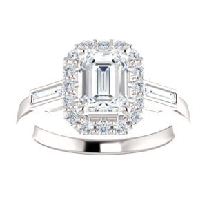 Cubic Zirconia Engagement Ring- The Azariah (Customizable Cathedral Emerald Cut Design with Halo and Straight Baguettes)