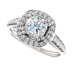 Cubic Zirconia Engagement Ring- The Julie Madison (Customizable Cushion Cut Style with Halo and Round Cut Journey-Style Band Accents)