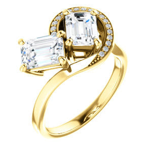 Cubic Zirconia Engagement Ring- The Lupita (Customizable Enhanced 2-stone Asymmetrical Emerald Cut Design with Semi-Halo)