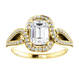 Cubic Zirconia Engagement Ring- The Taylor Ann (Customizable Emerald Cut Center with Twisting Halo & Wide Split-Pavé Band)