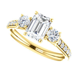 Cubic Zirconia Engagement Ring- The Janni (Customizable Enhanced 3-stone Emerald Cut Design with Round Accents)