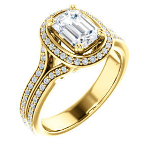 CZ Wedding Set, featuring The Mia Sofia engagement ring (Customizable Cathedral-Halo Emerald Cut Style with Wide Split-Pavé Band)