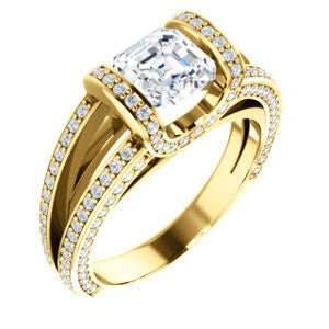 Cubic Zirconia Engagement Ring- The Scarlett (Asscher Cut with Prong-Accented Bar Basket and Split Pavé Band)