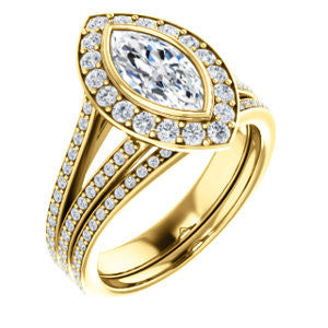 CZ Wedding Set, featuring The Maricela engagement ring (Customizable Bezel-Halo Marquise Cut Ring with Wide Tapered Pavé Split Band & Decorative Trellis)