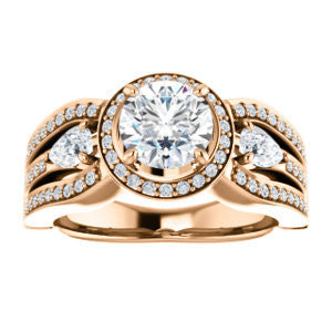 Cubic Zirconia Engagement Ring- The Tricia (Customizable Round Cut Ultrawide Split-Pavé-Band Design with Halo & Dual Pear Cut Accents)