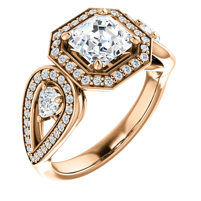 Cubic Zirconia Engagement Ring- The Luz Marie (Customizable Halo-style Asscher Cut with Split-Pavé Band & Pear Accents)