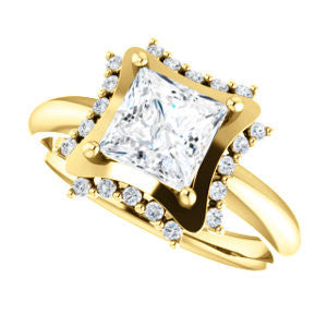 Cubic Zirconia Engagement Ring- The Jolene (Customizable Princess Cut with Floral-inspired Clustered Accent Under-halo)